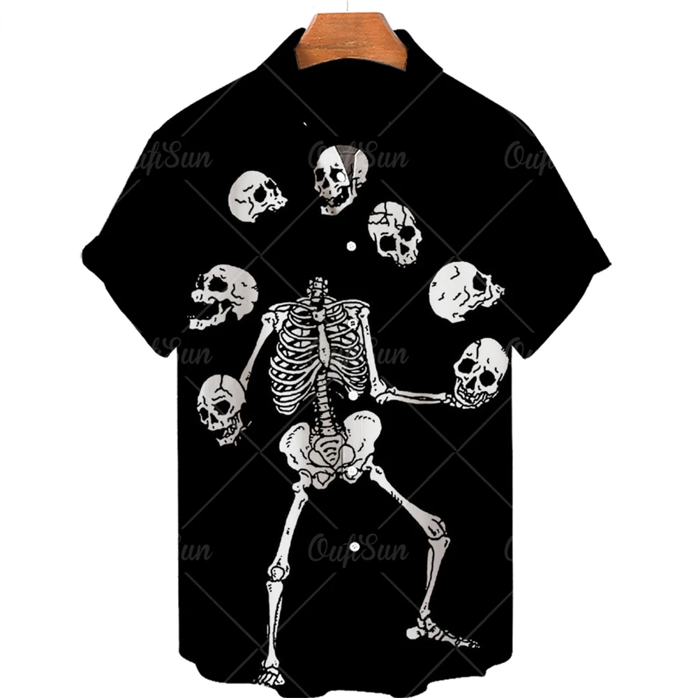 2022 Summer New Men's Skull Print Hawaiian Shirt Fashion Casual Beach Top Single Button Lapel Plus Size 5XL