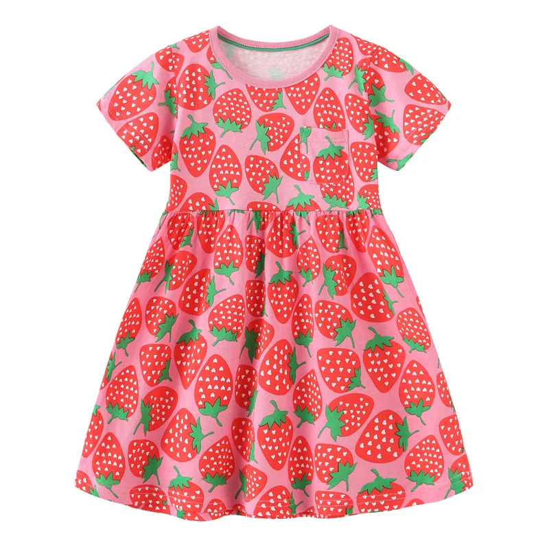 

Jumping Meters Summer Strawberry Summer Princess Girls Clothing Dresses Cute Baby Frocks Short Sleeve Cotton Costume Kids Wear