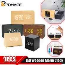 Alarm Clock LED Wooden Digital Table Clock Voice Control Wood Despertador USB/AAA Powered Electronic Desktop Clocks