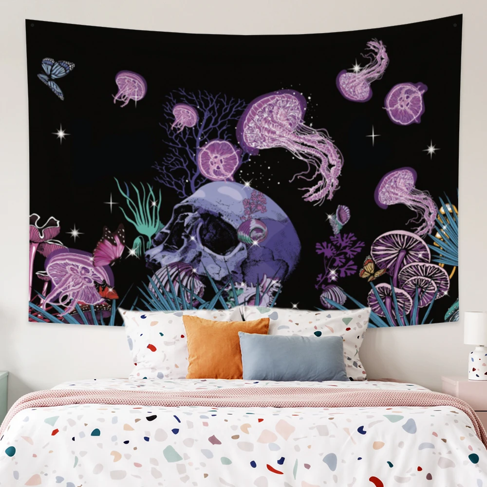 

Skull Jellyfish Skeleton Psychedelic Tapestry Carpet Mushroom Dreamy Bohemian Hippie Wall Hanging Blanket Home Decor Tapestries