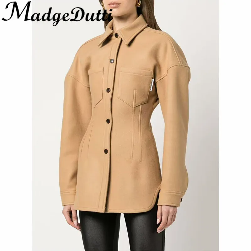 

11.14 MadgeDutti Temperament Lapel Single Breasted Collect Waist Long Sleeve Blouse Wool Blend Shirt Women