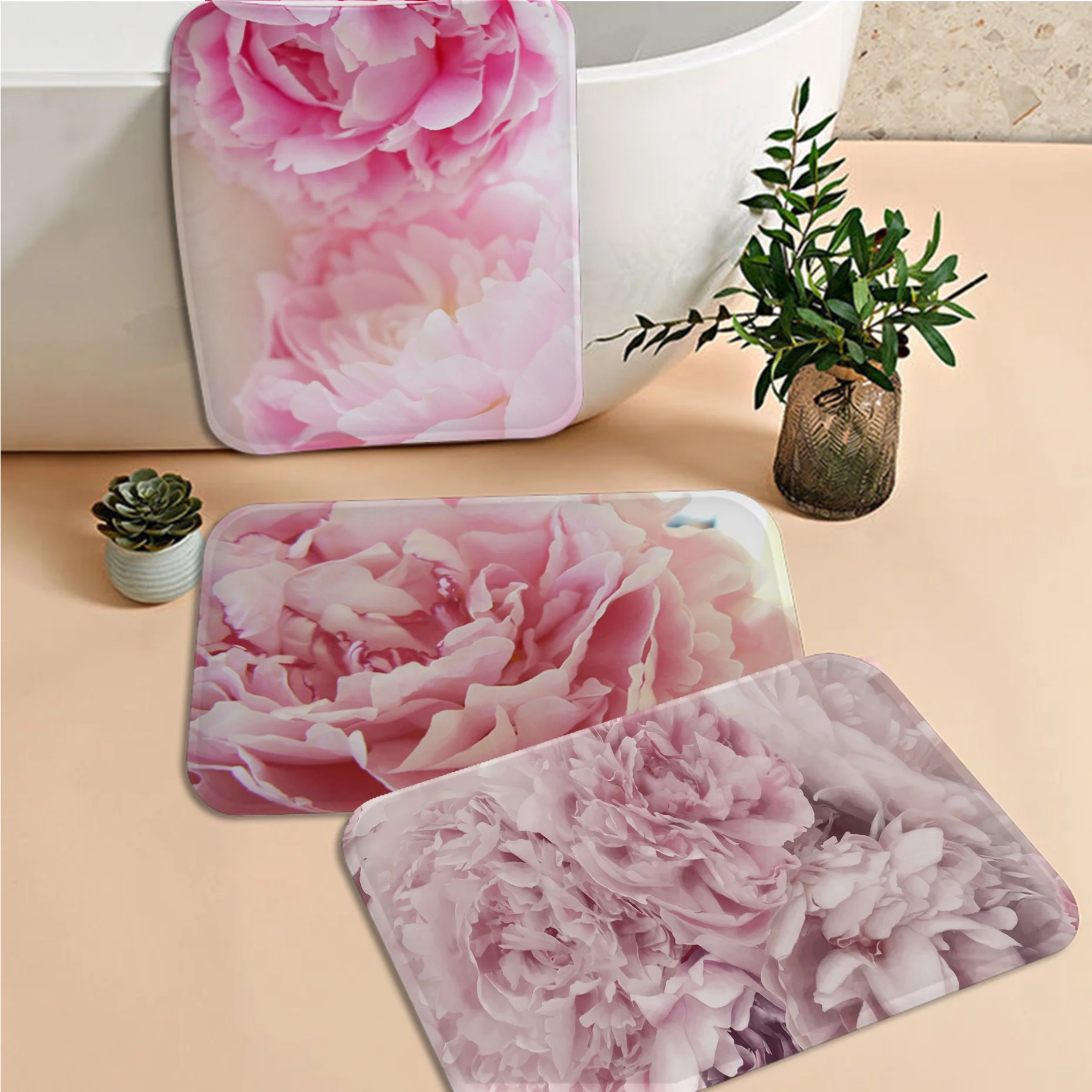 

Pink Peony Bathroom Mat Anti-slip Absorb Water Long Strip Cushion Bedroon Mat Modern Home Decor