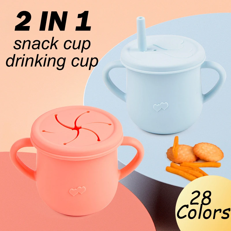 

Baby Silicone Double Lids Feeding Cup With Handle Sippy BPA Free Toddlers Learning Drinkware Children Soft Straw Cups Tableware