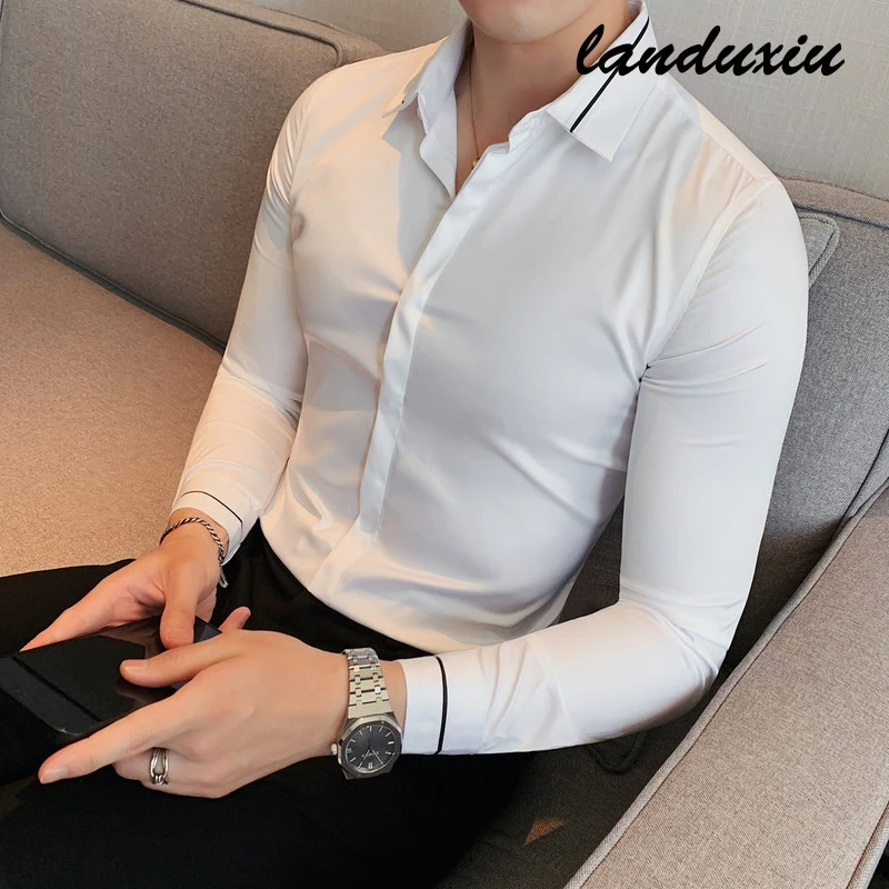

Spring 2022 New Men's Business Casual Shirt Slim Hipster Handsome Long Sleeve Shirt Black landuxiu