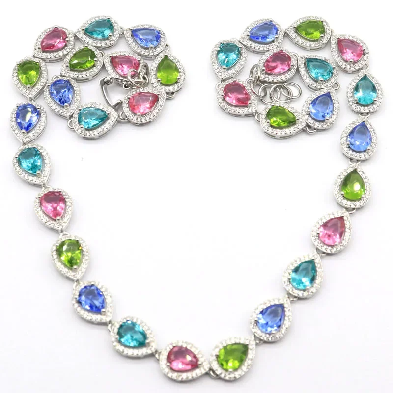 

38g 925 SOLID STERLING SILVER NECKLACE Romantic Rich Blue Violet Tanzanite Aquamarine Pink Kunzite Pink Tourmaline CZ Daily Wear