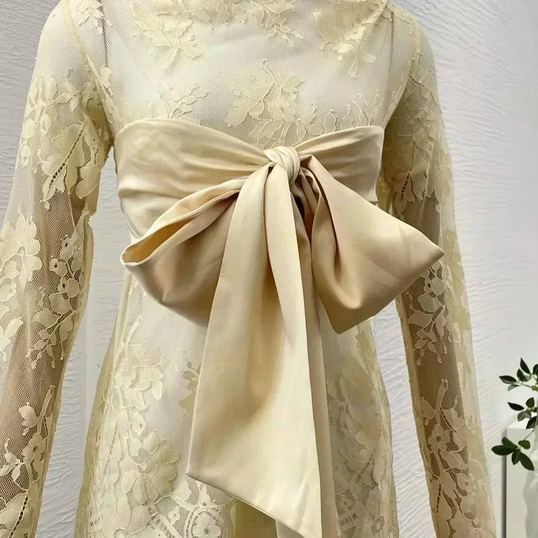 Бежевая 2024 новая винтажная высококачественная шелковая кружевная облегающая