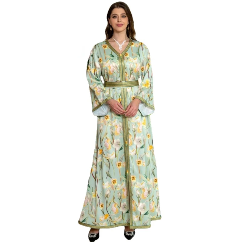 Jalabiyas Ramadan 2023 Kuwaiti Elegant Casual Ladies Dresses V-Neck Lace Tape Belted Kaftan French Retro Floral Print Maxi Dress