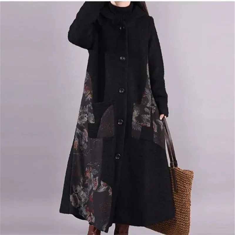 

Новинка Осень-зима 2023 Корейская версия шерстяное пальто женская Средняя и длинная свободная Лоскутная модная женская одежда с капюшоном