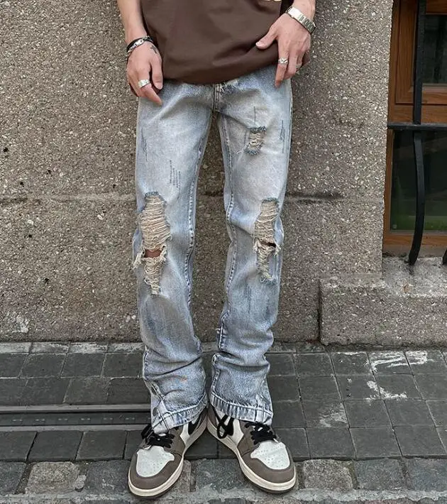 High Street Washed Jeans Hip Hop Worn Out Ripped Hole Breasted Slit Jeans Straight Denim Pants