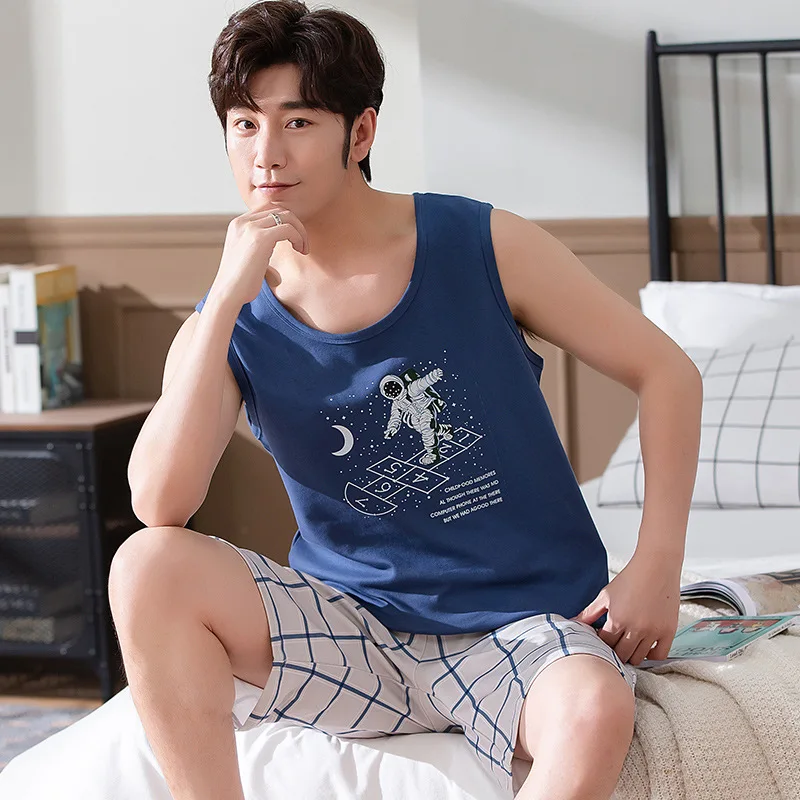 2022 Summer Men's Pajamas Vest Shorts Casual Simple Combed Cotton Loungewear Sports Leisure 2 Piece Set Man Can Be Worn Outside