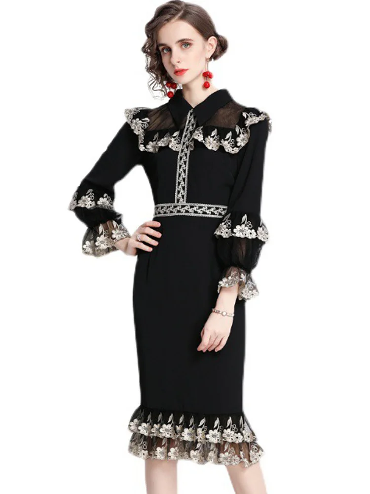 

England Style Elegant fashion Lace Knee-Length Butterfly Sleeve Women's Elegance Retro Slimming Fishtail Dress plus size S-XXL