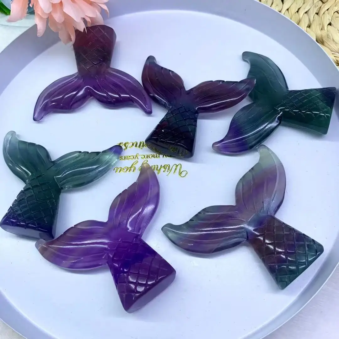 

1 Pcs High Quality Natural Rainbow Fluorite Carving Mermaid Tail Healing Crystal Stone Crafts For Home Decoration