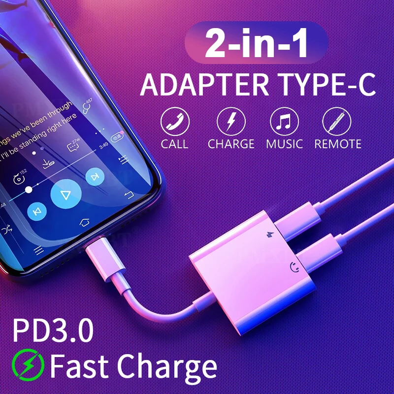 

2 in 1 Audio Adapter Type C Cable For Samsung Xiaomi Redmi Huawei 3.5mm Jack Earphone Charging Cable Splitter Phone Accessories