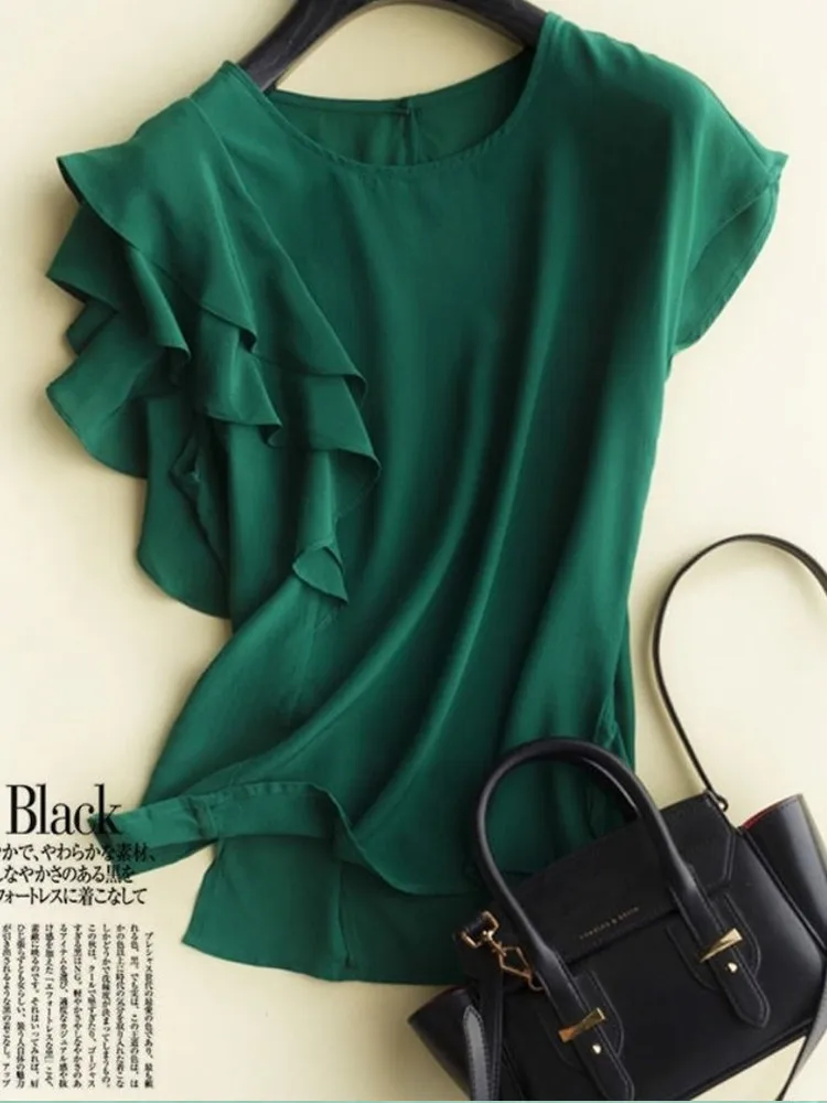 

2022 Summer New Fashionable Ruffles Chiffon T Shirt Women Short Sleeve Round Neck Green Tops Crop Tshirt Female Ropa Mujer