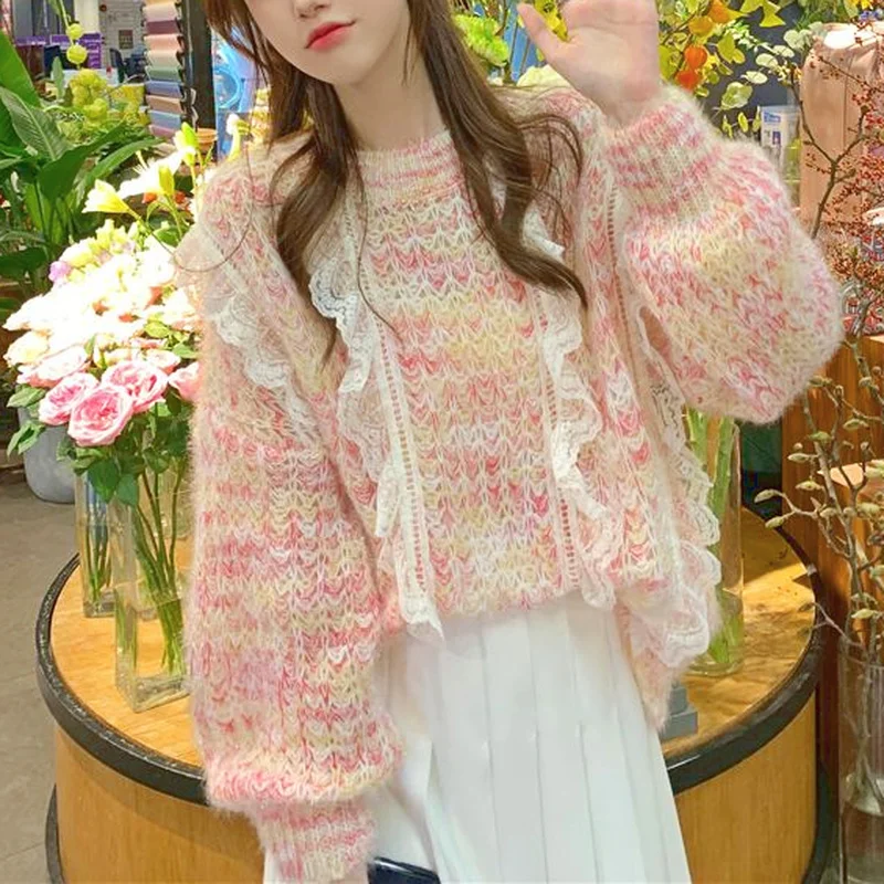 

2022 Зимний Розовый кавайный вязаный свитер, Женский пуловер в стиле пэчворк с оборками, женский модный корейский теплый повседневный милый с...