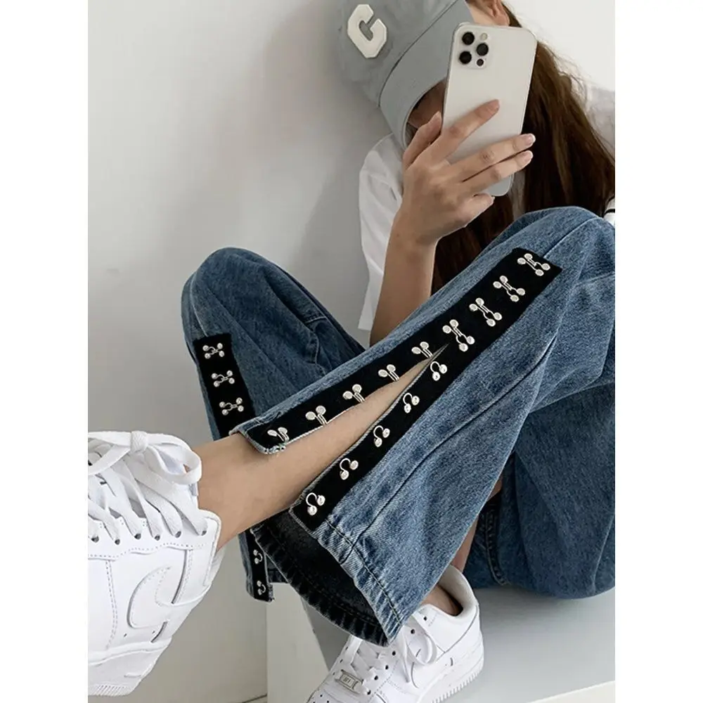 Женские джинсы с разрезом черные повседневные брюки большого размера высокой