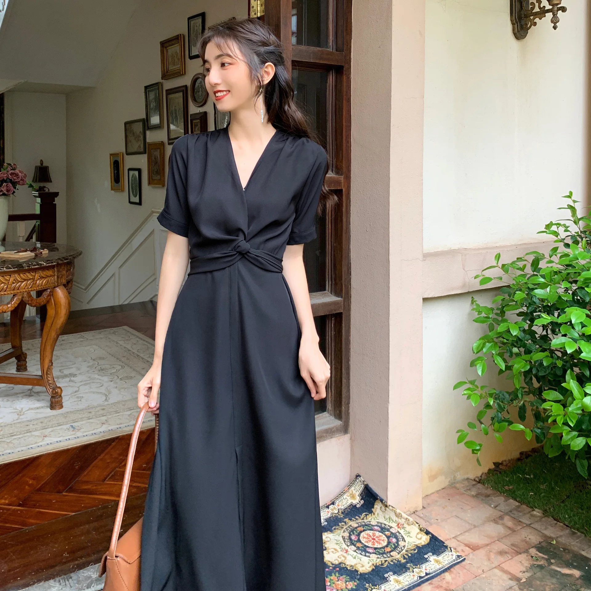 

Женское винтажное платье-миди CUPNICE, однотонное облегающее платье с V-образным вырезом и разрезом, Повседневное платье с эластичной талией и ...