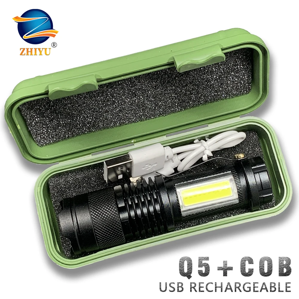 Built In Battery Q5 Portable Mini Led Flashlight Zoom Torch COB Lamp 2000 Lumens Adjustable Penlight Waterproof for Outdoor