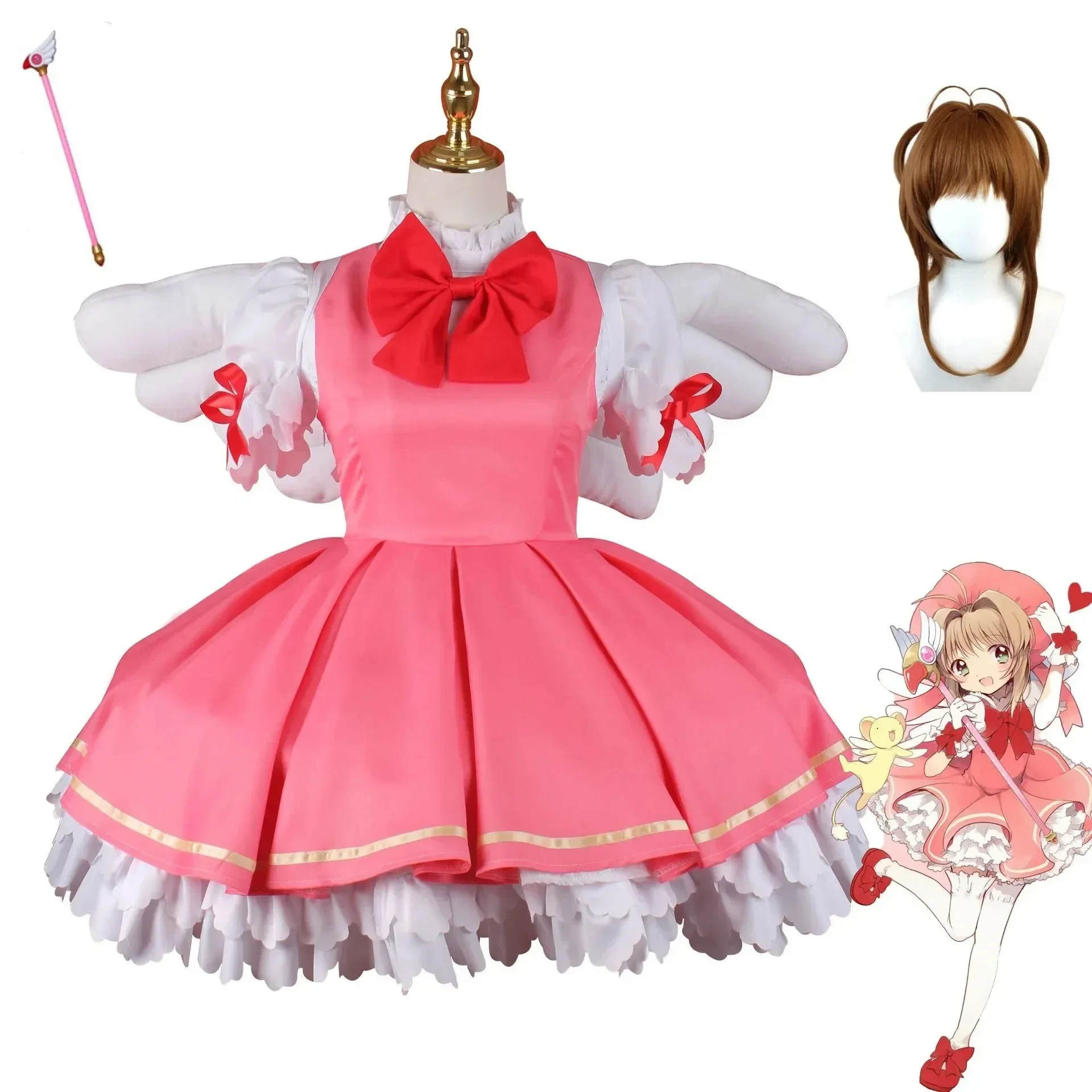 Аниме Card Captor Sakura Kinomoto Косплей Костюм Парик Женщина Розовая Боевая Униформа Милая