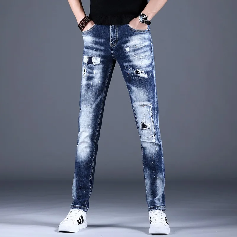 Summer Ripped Jeans Men Casual Lightweight Blue Pants Patch Jean Streetwear Fashion Slim Fit Denim Trousers