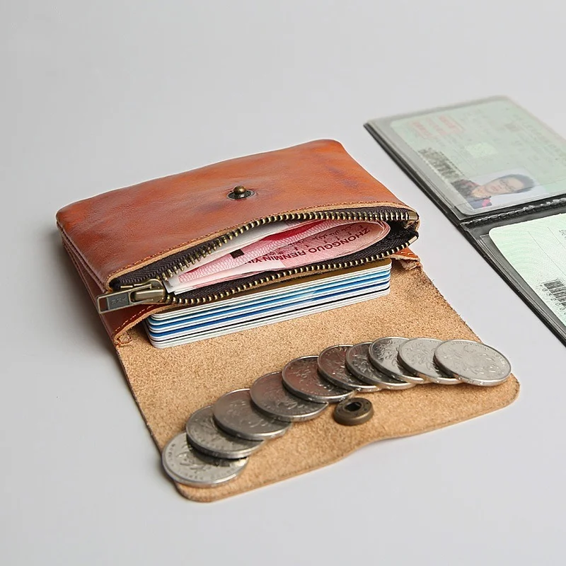 Handmade Men's Genuine Leather Wallet Cowhide Short Coin Purses Student Square Mini Coin Bag Girl