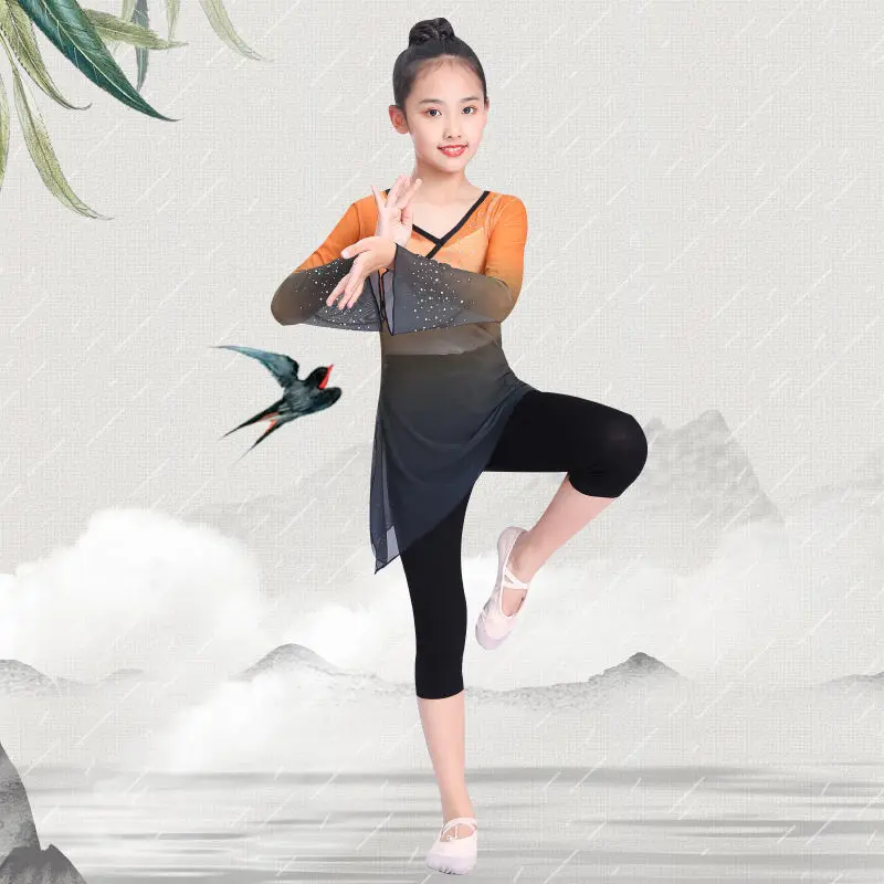 Простая Классическая танцевальная одежда с длинными рукавами для девочек китайские детские танцевальные костюмы Unifom для подарка на день рождения LE008
