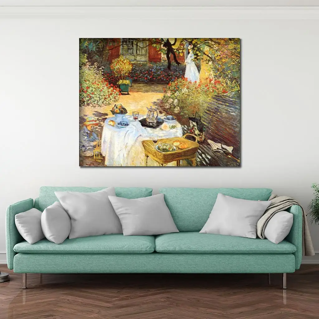 Картина Клода Моне "Обед", высокое качество, ручная работа на холсте, знаменитая садовая композиция, декор стен для столовой и кухни, современный стиль.