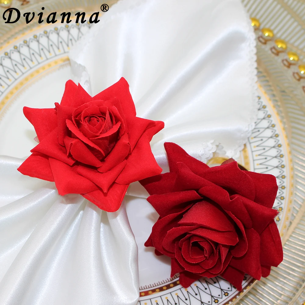 

100Pcs Artificial Rose Flowers Napkin Rings Silk Fake Flowers Napkin Holder for Living Room Home Wedding Decoration HWW01