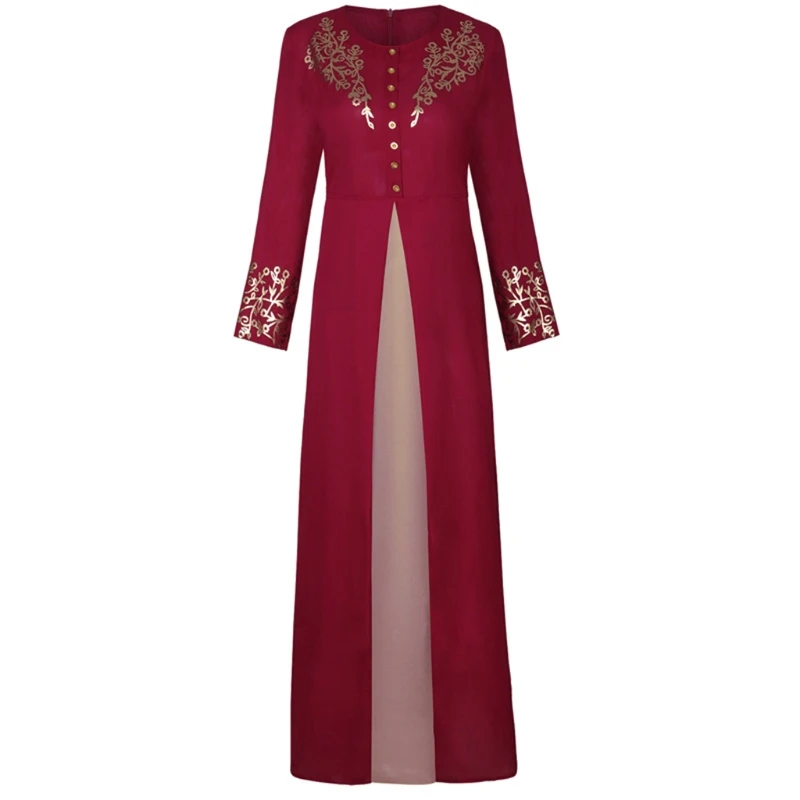 Women's Long Sleeve Printed Patchwork Muslim Dresses Abaya with Buttons