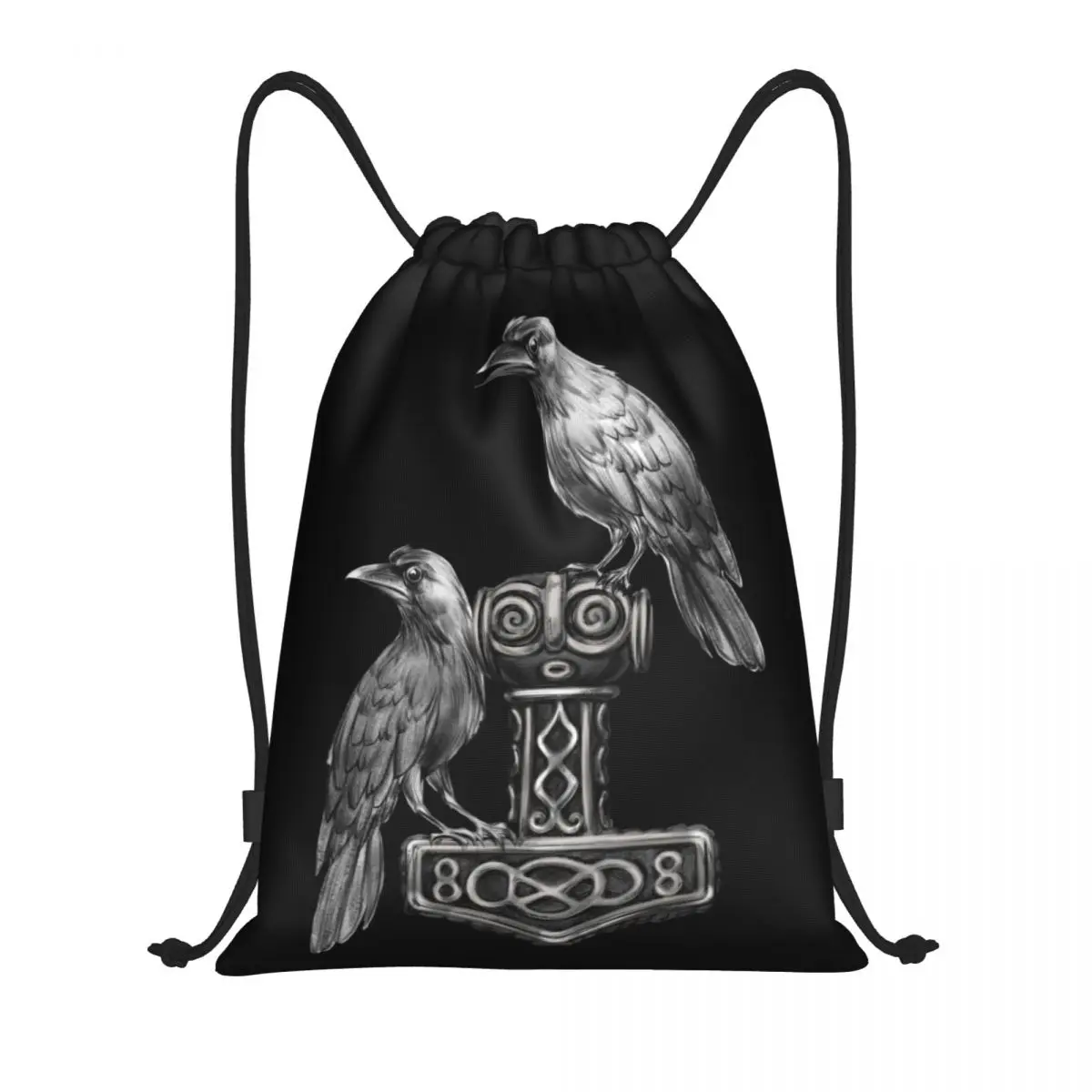 

Thor Hammer Mjolnir With Odin Ravens Drawstring Backpack Sports Gym Bag for Men Women Norse Viking God Training Sackpack