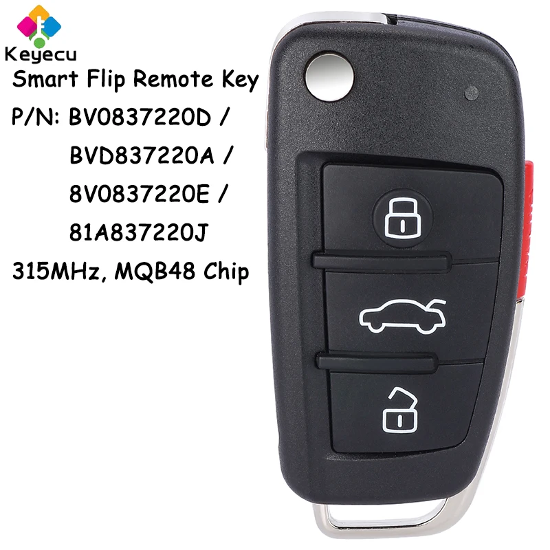 KEYECU Smart Flip Remote Автомобильный ключ с чипом MQB48 315 МГц для Audi A3 2013-2017 Fob BV 0837220 D BVD 837220 А