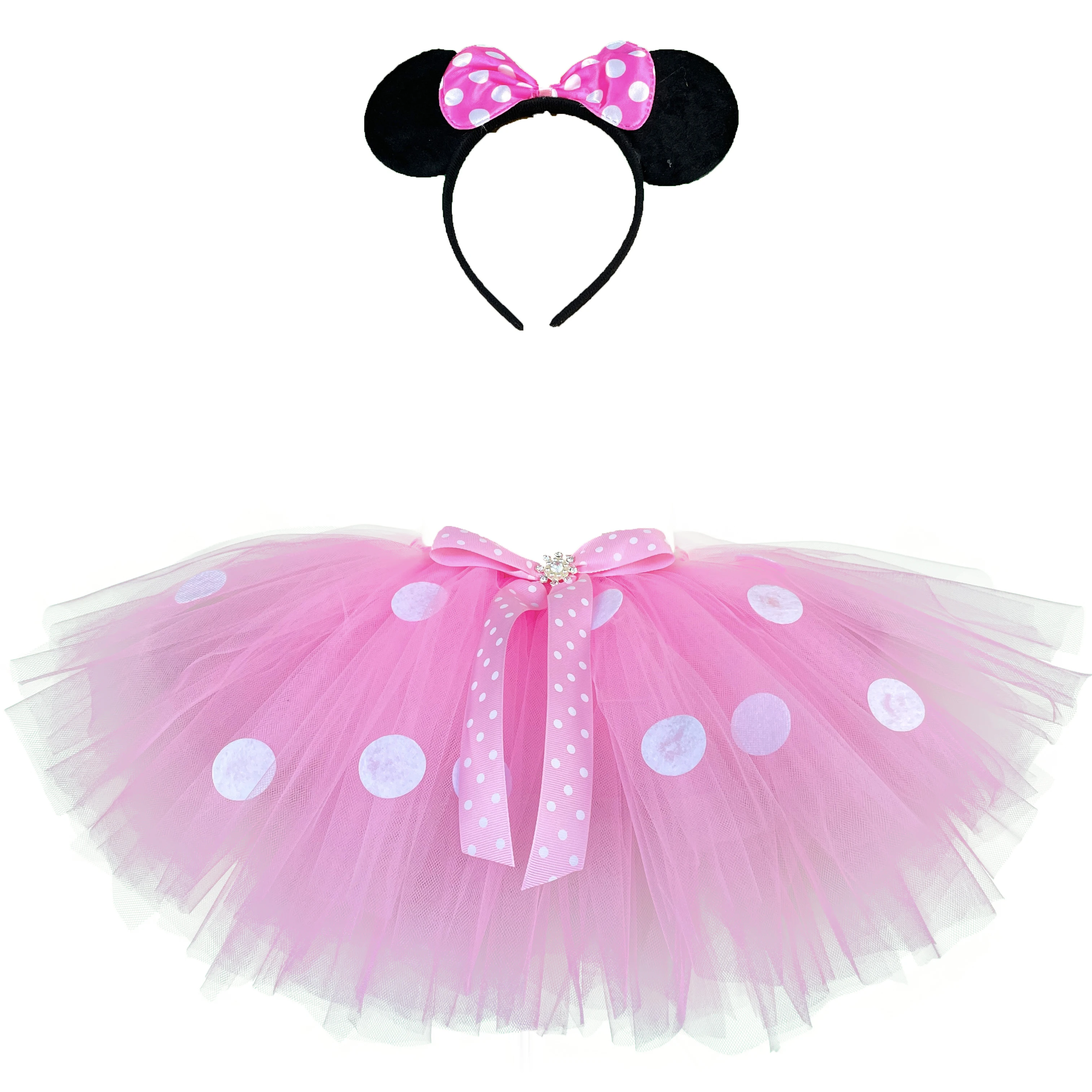 Girls Pink Mickey Tutu Skirts Baby Ballet Tulle Pettiskirts with White Polka Dots and Hairbow Kids Cosplay Party Costume Skirts