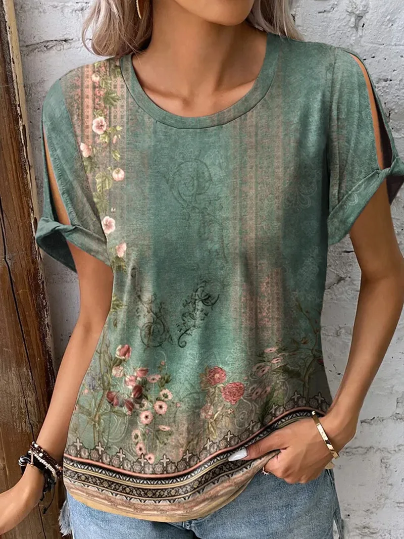 

Summer Fashion Casual Print Round Neck T-shirt Vintage Patchwork Hollow Short Sleeve Simple Loose Tshirt Tees Women Tops Blusa