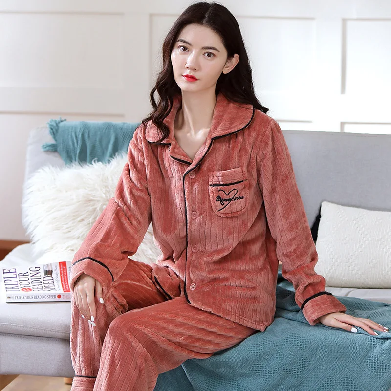 2022 Winter Warm Flannel Women's Pajamas Set Long-sleeved Trousers Two-piece Set Coral Fleece Sleepwear Long Wear Women Pajamas
