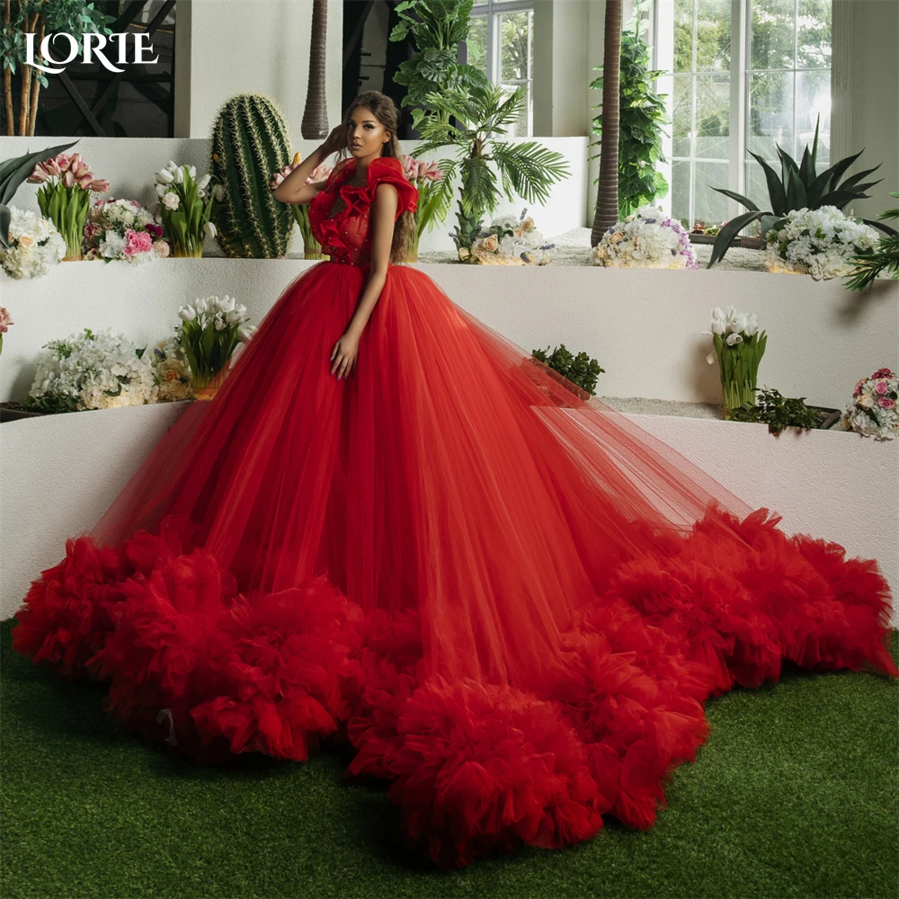 

LORIE Red Tulle Formal Prom Dresses Ruched Tiered V-Neck A-Line Evening Dress Pageant Ruffles Wedding Princess Party Gowns 2023
