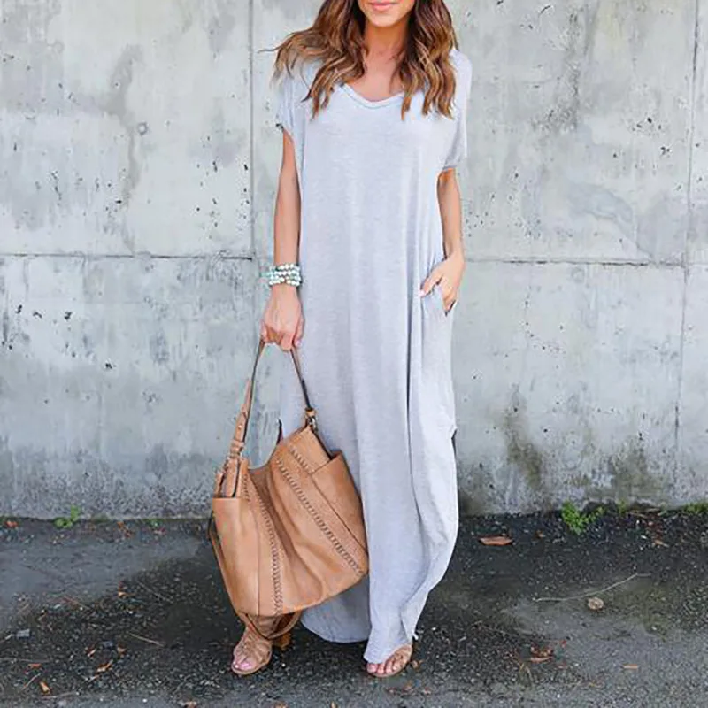 

Fashion Long Dresses Solid Spliced Short Sleeve V Neck Pocket Women Dress Slit Sexy Elegant Loose Women Clothes Bohemian Dress
