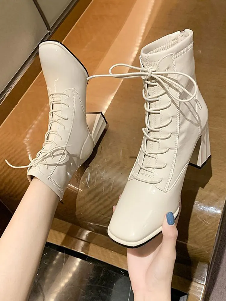 

Winter Boots Lady Women's Rubber Shoes Rain Zipper Boots-Women 2022 High Heel Autumn Rock Ankle Square Toe PU Basic Solid Lace-