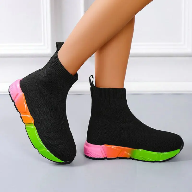 High-top elastic socks boots 2022 spring knitted fly-knit platform shoes Nice neutral black student running sports casual shoes