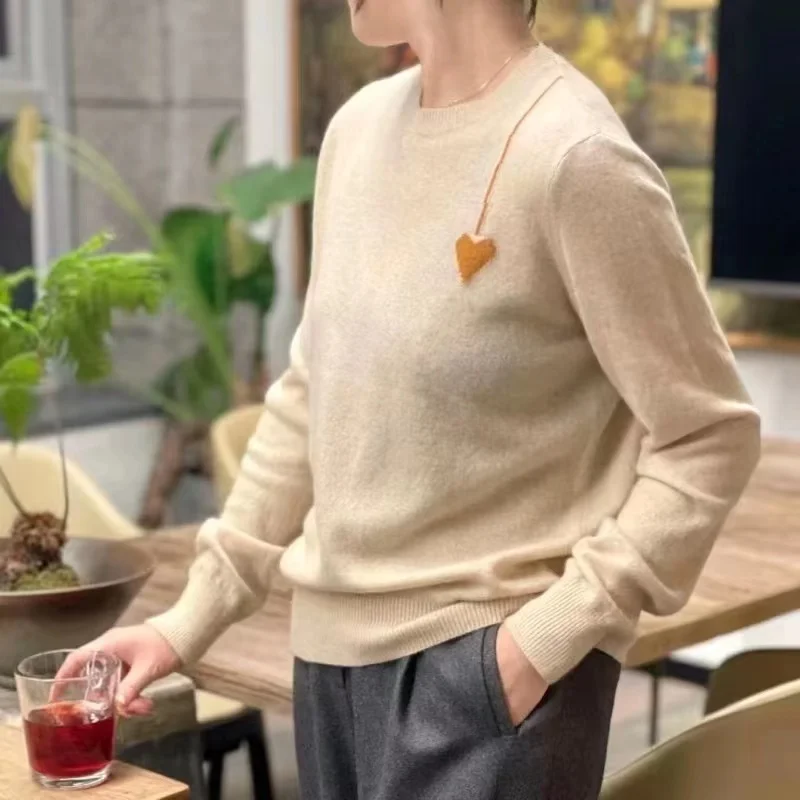 

Fall/Winter 100% Wool Joker Solid Color Love Knit Bottoming Shirt Blouse Women's Round Neck Pullover Casual Fashion Sweater