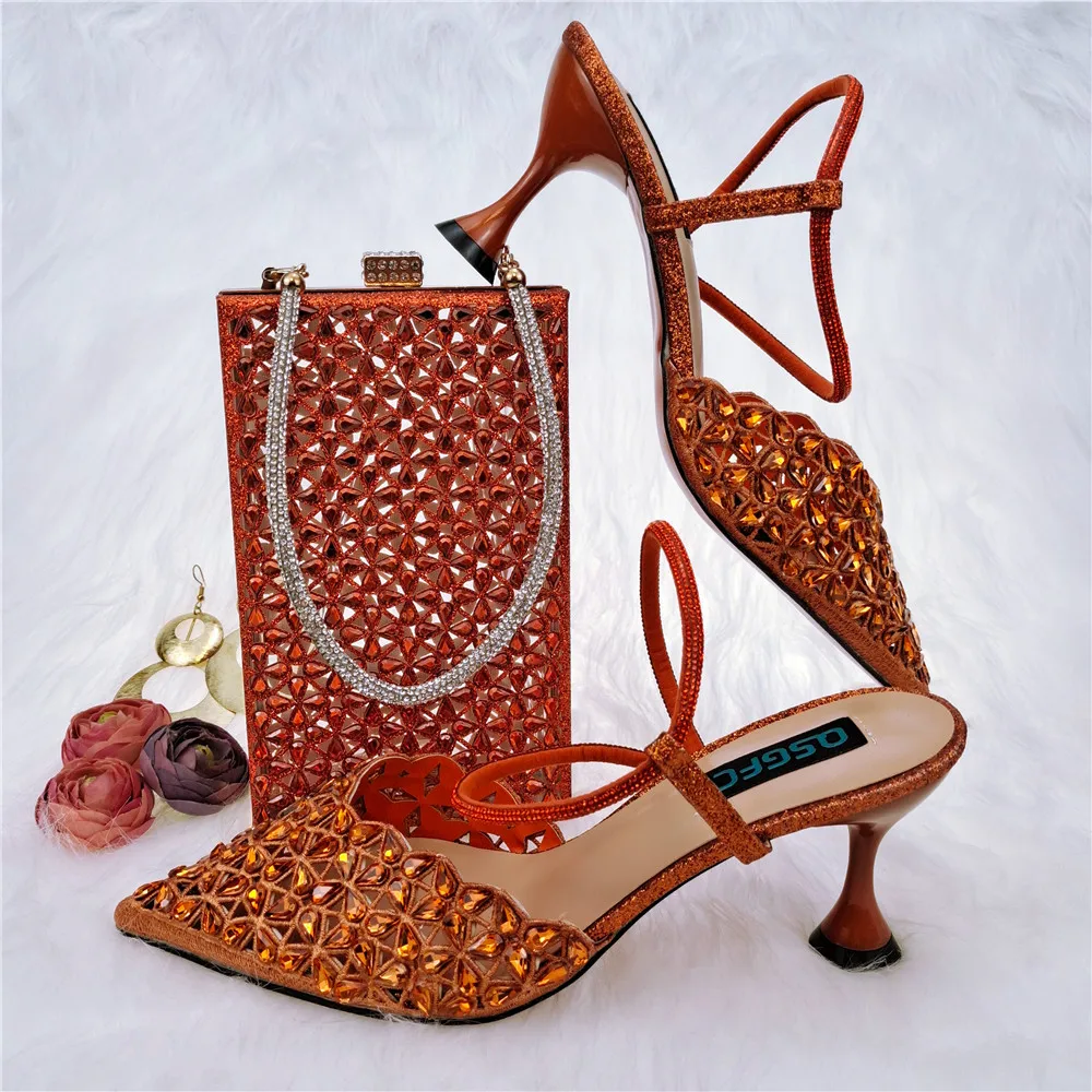 

African Sets Orange Color Matching Italian Design Shoes And Bag Set 2022 African Women Matching Shoes And Bag Set