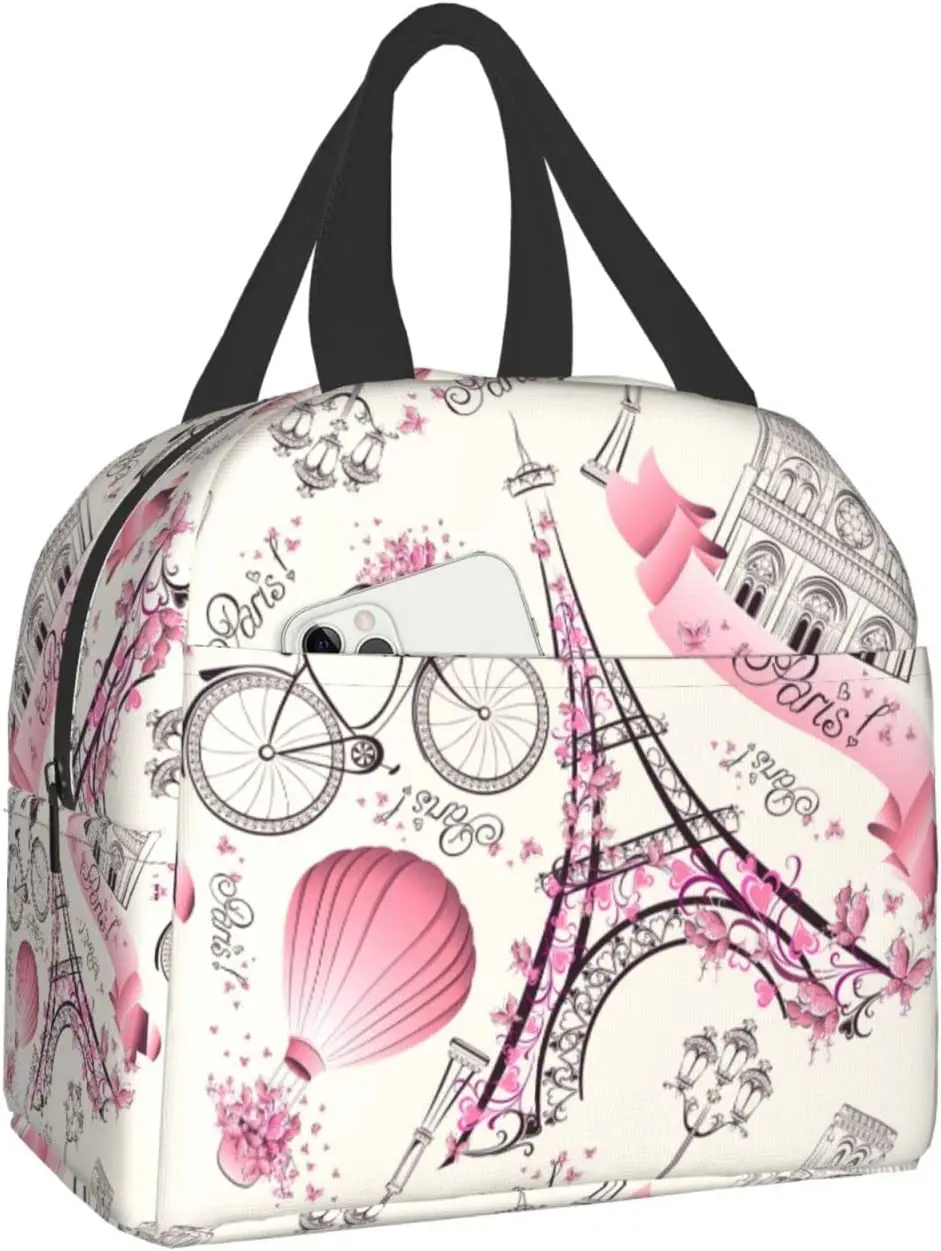 

Paris Eiffel Tower Flower Bicycle Lunch Bags For Women Portable Cooler Tote Bag Large Reusable Insulated Lunch Box Picnic Work