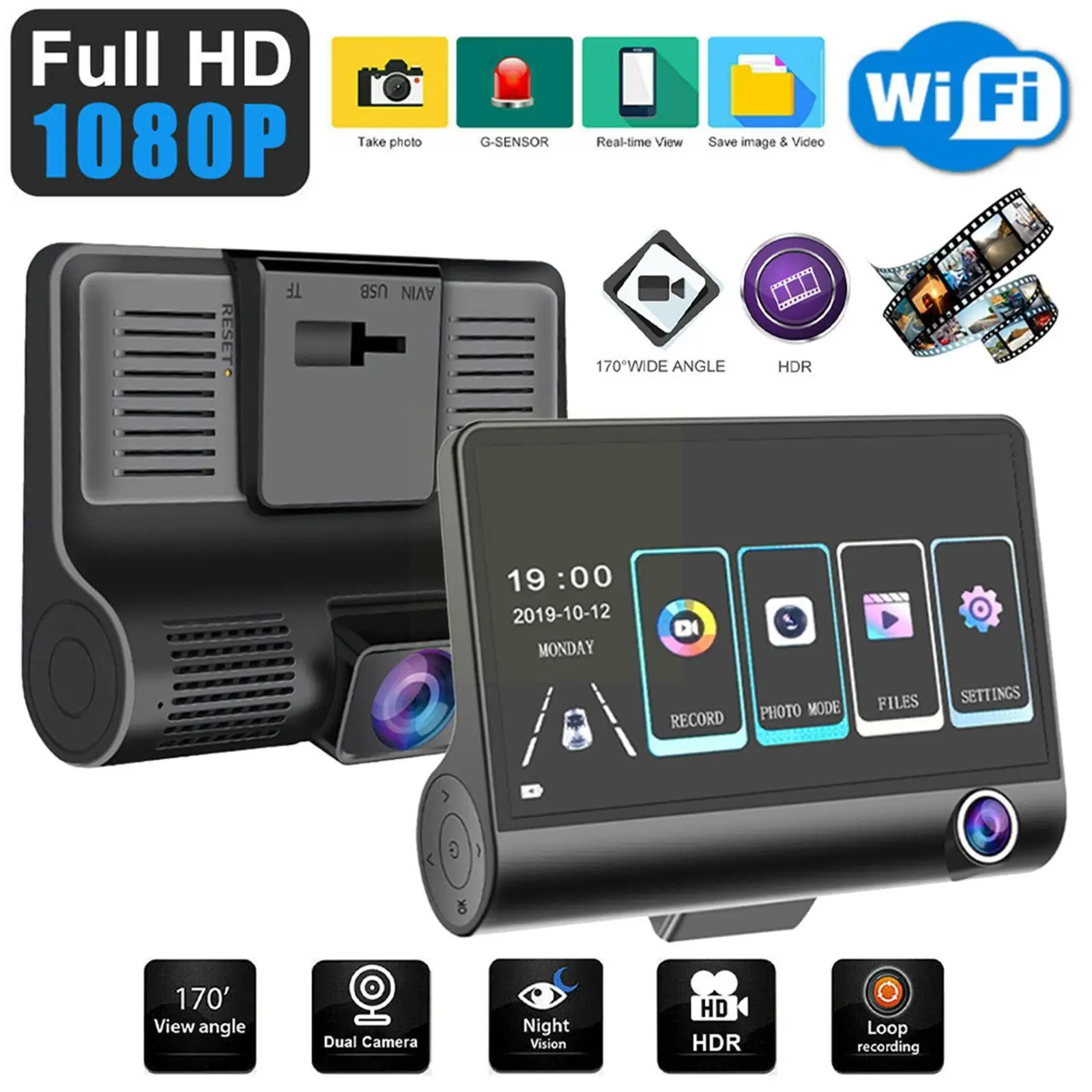 

HD 1080P 3 Lens Dash Camera 4" Screen Dash Cam Front Cam Rear Recorder Loop DVR Recording Inside Video Car G-Sensor V2M2