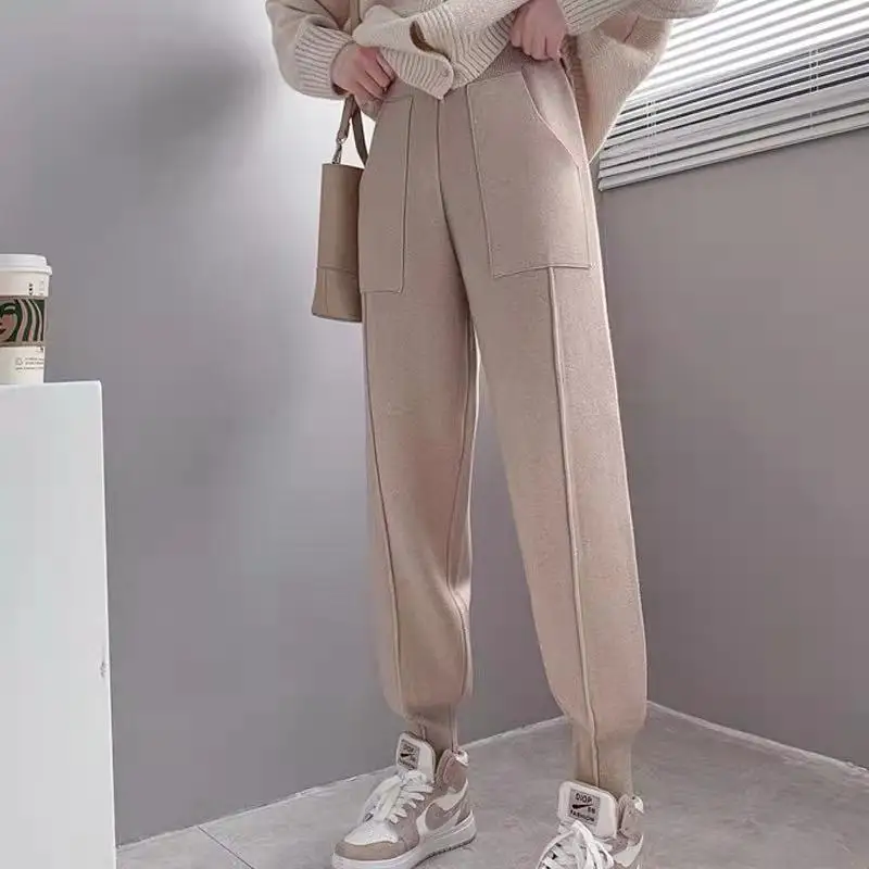 

Autumn Winter Drawstring Twist Knitting Pants Women Solid Color Thick Warm Harem Pants Fashion High Waist Streetwear Pants V43