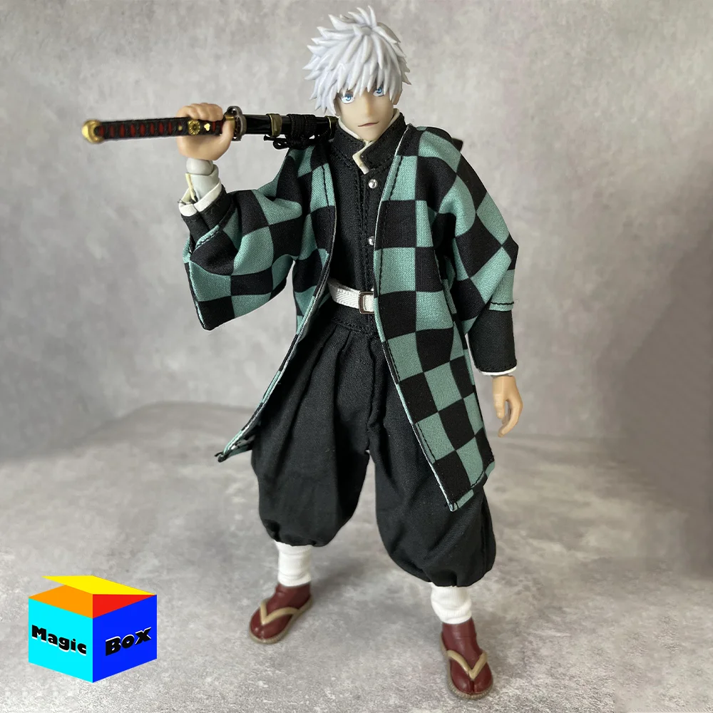 

1/12 Scale Male Soldier Demon Slayer Kamado Tanjirou Green Checked Samurai Suit Clothing Set For 6in Action Figure Body Costume