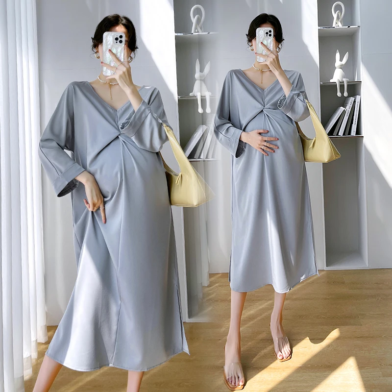 

6183# 2022 Spring Summer Fashion Maternity Long Dress Elegant V neck A Line Loose Clothes for Pregnant Women Chic OL Pregnancy