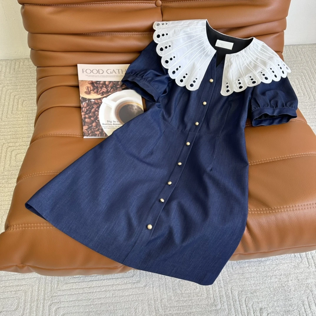 White embroidery turn down collar patchwork mini denim dresses women summer single breasted short puff sleeve sweet dresses