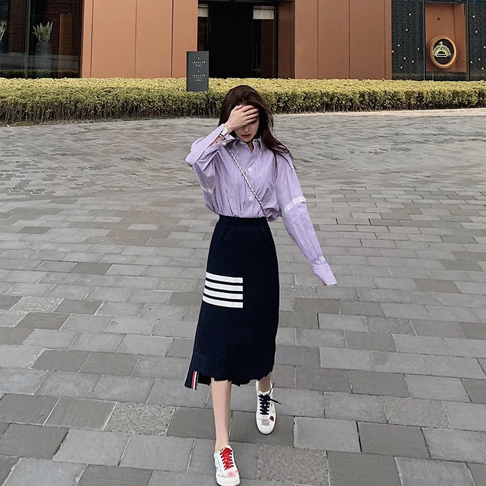 TB college style casual striped knitted hip skirt women's pleated mid-length irregular net red one-step skirt thin