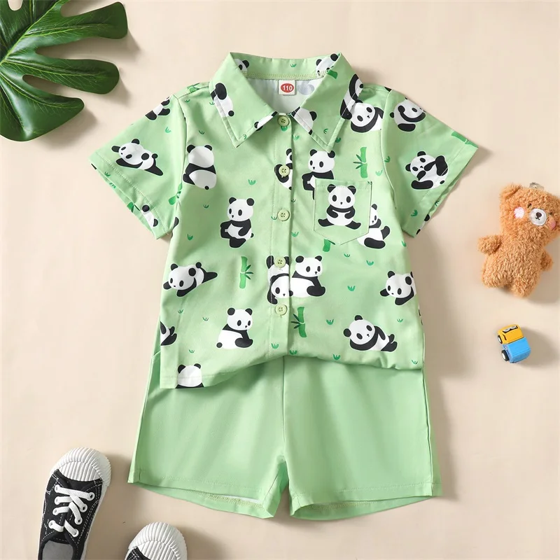 

0-24M Infant Baby Boys Summer Outfits Panda Print Turn-Down Collar Short Sleeve Shirts Solid Color Shorts 2Pcs Clothes Set