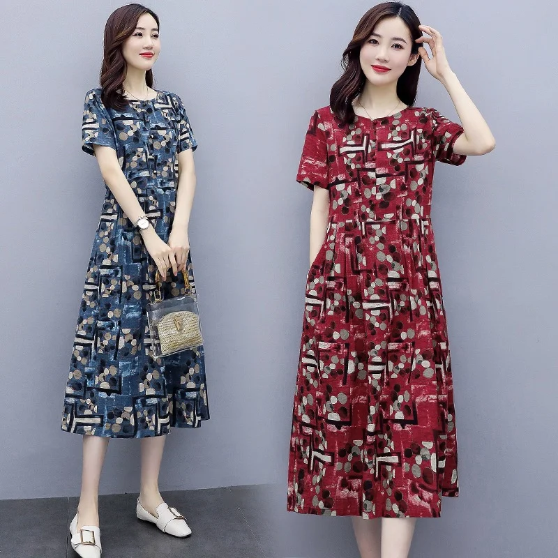 

Summer Dress Women Loose Casual O-Neck Middle-aged Mother Beach Dress Short Sleeve Long Floral Print Dresses