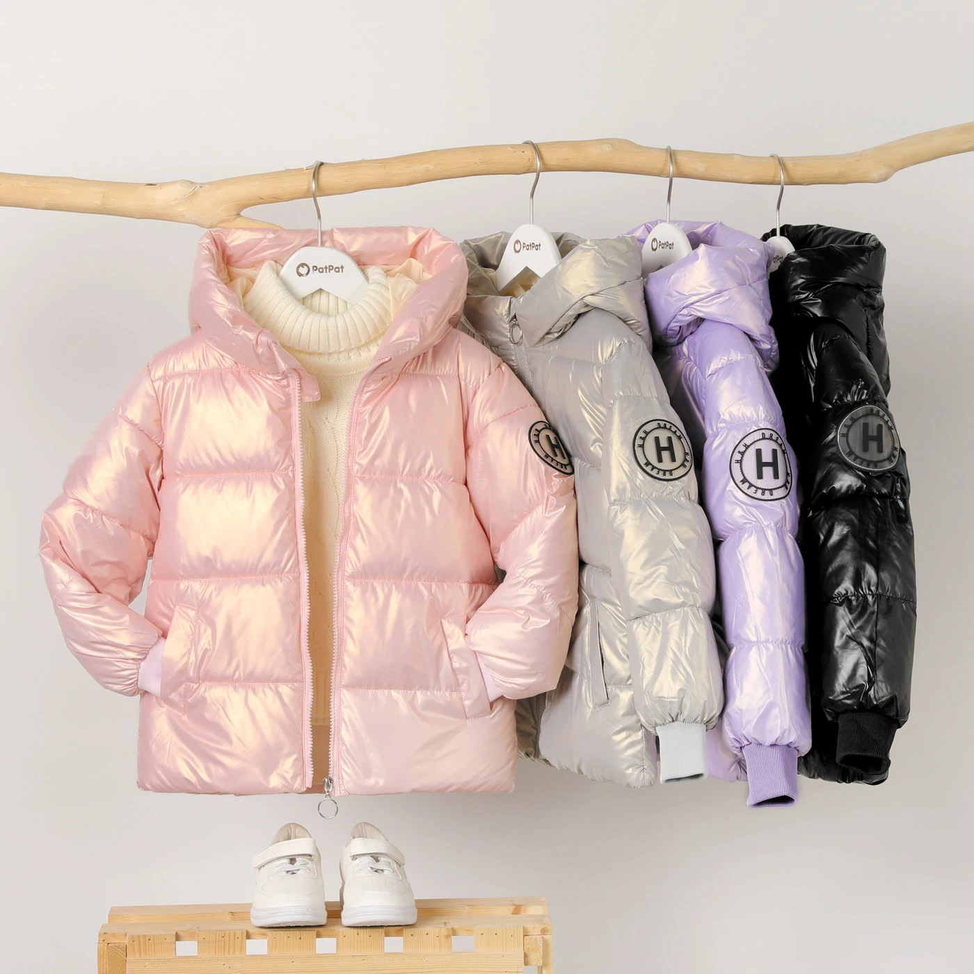 

PatPat Kid Girl Down Cotton Coat Boys Thickened Padded Jacket Letter Print Metallic Zipper Hooded Puffer Down Coat for Girls